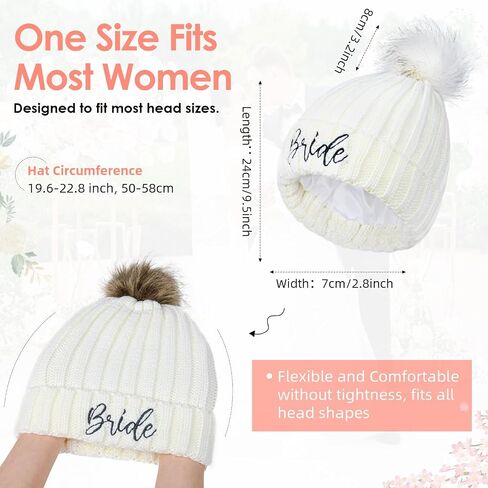Bride Hat, Bride Hats for Bachelorette Party Womens Winter Warm Knitted Beanie Hats with Faux Fur Pom Pom Skull Cap in Saudi Arabia