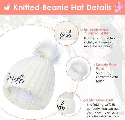 Bride Hat, Bride Hats for Bachelorette Party Womens Winter Warm Knitted Beanie Hats with Faux Fur Pom Pom Skull Cap in Saudi Arabia