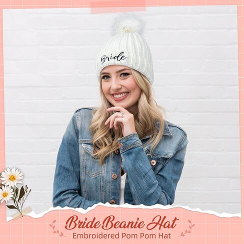 Bride Hat, Bride Hats for Bachelorette Party Womens Winter Warm Knitted Beanie Hats with Faux Fur Pom Pom Skull Cap in Saudi Arabia