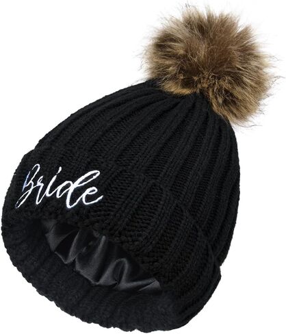 Bride Hat, Bride Hats for Bachelorette Party Womens Winter Warm Knitted Beanie Hats with Faux Fur Pom Pom Skull Cap in Saudi Arabia
