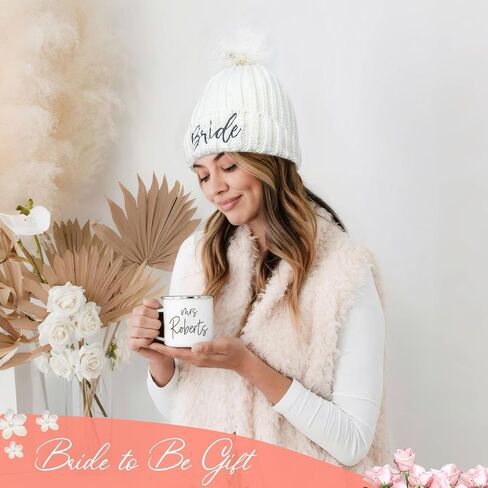 Bride Hat, Bride Hats for Bachelorette Party Womens Winter Warm Knitted Beanie Hats with Faux Fur Pom Pom Skull Cap in Saudi Arabia