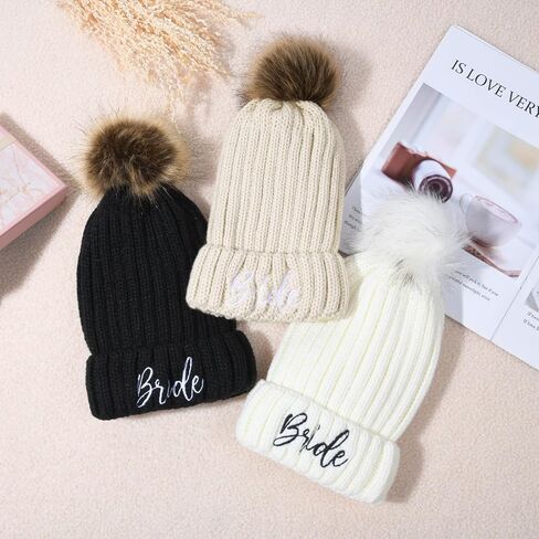 Bride Hat, Bride Hats for Bachelorette Party Womens Winter Warm Knitted Beanie Hats with Faux Fur Pom Pom Skull Cap in Saudi Arabia