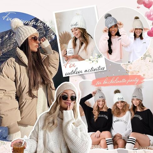Bride Hat, Bride Hats for Bachelorette Party Womens Winter Warm Knitted Beanie Hats with Faux Fur Pom Pom Skull Cap in Saudi Arabia