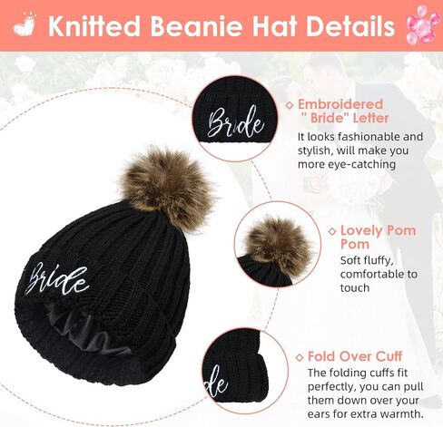 Bride Hat, Bride Hats for Bachelorette Party Womens Winter Warm Knitted Beanie Hats with Faux Fur Pom Pom Skull Cap in Saudi Arabia