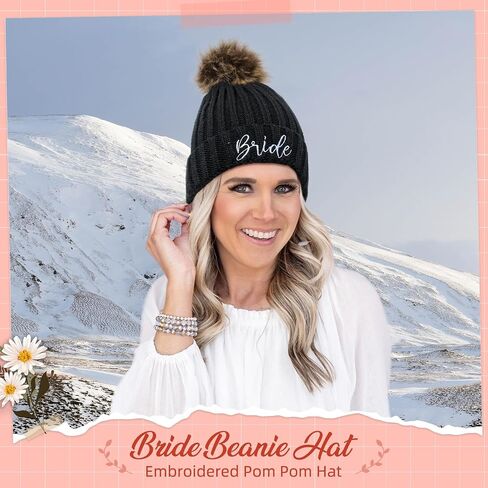 Bride Hat, Bride Hats for Bachelorette Party Womens Winter Warm Knitted Beanie Hats with Faux Fur Pom Pom Skull Cap in Saudi Arabia