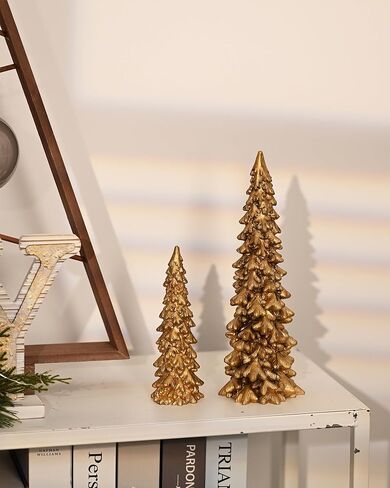 RM ROOMERS Resin Christmas Tree Figurines Clearance,2Pcs Small Gold Christmas Decorative Figurine Set, Indoor Tabletop Christmas Tree Statues for Holiday Desk Decor Centerpieces rnaments Gifts in Saudi Arabia