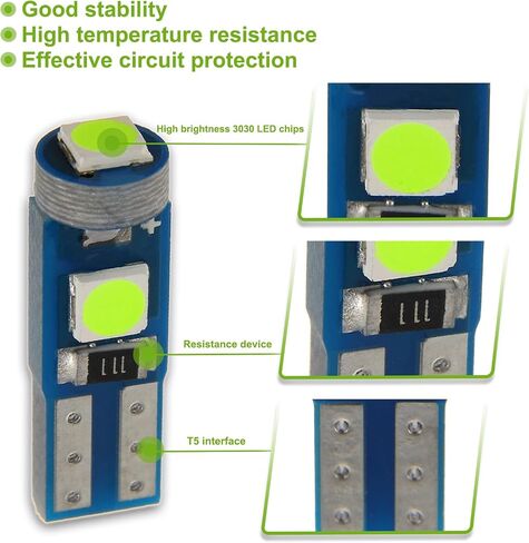 T5 3SMD Green LED 3030 DC 12V PC74 PC37 PC2721 Vehicle width indicato Light Reading Light Tag Light with Twist Sockets (Pack of 20pcs) in Kuwait