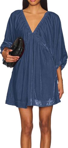 R.Vivimos Womens Fall Velvet Tunic Dress 2025 Trendy Sexy Deep V Neck 3/4 Sleeve Elastic Waist Loose Mini Dress with Pockets in Kuwait