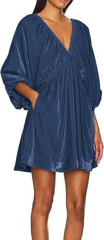 R.Vivimos Womens Fall Velvet Tunic Dress 2025 Trendy Sexy Deep V Neck 3/4 Sleeve Elastic Waist Loose Mini Dress with Pockets in Kuwait