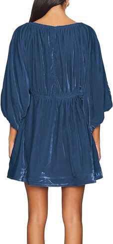 R.Vivimos Womens Fall Velvet Tunic Dress 2025 Trendy Sexy Deep V Neck 3/4 Sleeve Elastic Waist Loose Mini Dress with Pockets in Kuwait