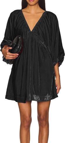 R.Vivimos Womens Fall Velvet Tunic Dress 2025 Trendy Sexy Deep V Neck 3/4 Sleeve Elastic Waist Loose Mini Dress with Pockets in Kuwait