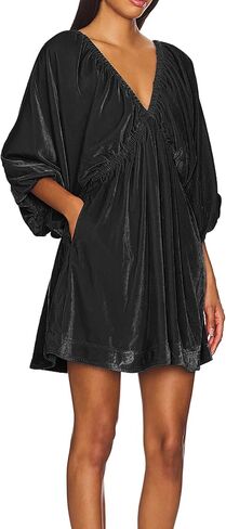 R.Vivimos Womens Fall Velvet Tunic Dress 2025 Trendy Sexy Deep V Neck 3/4 Sleeve Elastic Waist Loose Mini Dress with Pockets in Kuwait