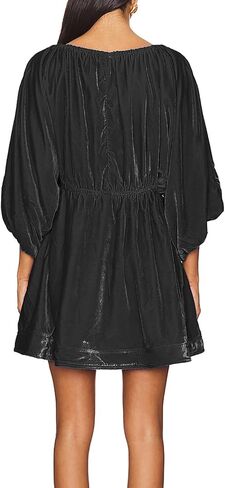 R.Vivimos Womens Fall Velvet Tunic Dress 2025 Trendy Sexy Deep V Neck 3/4 Sleeve Elastic Waist Loose Mini Dress with Pockets in Kuwait