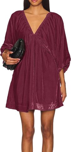 R.Vivimos Womens Fall Velvet Tunic Dress 2025 Trendy Sexy Deep V Neck 3/4 Sleeve Elastic Waist Loose Mini Dress with Pockets in Kuwait