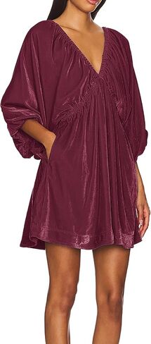 R.Vivimos Womens Fall Velvet Tunic Dress 2025 Trendy Sexy Deep V Neck 3/4 Sleeve Elastic Waist Loose Mini Dress with Pockets in Kuwait