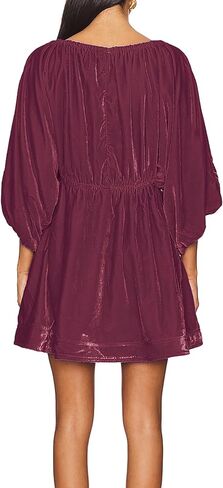 R.Vivimos Womens Fall Velvet Tunic Dress 2025 Trendy Sexy Deep V Neck 3/4 Sleeve Elastic Waist Loose Mini Dress with Pockets in Kuwait