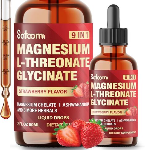 9 في 1 قطرات سائلة من المغنيسيوم ل-ثريونات مع جليسينات المغنيسيوم، تشيلات، إل-ثيانين، فيتامين د3 و3 أخرى - 60 مل دعم للمزاج والعقل والمناعة لمدة شهرين - نكهة الفراولة in Kuwait
