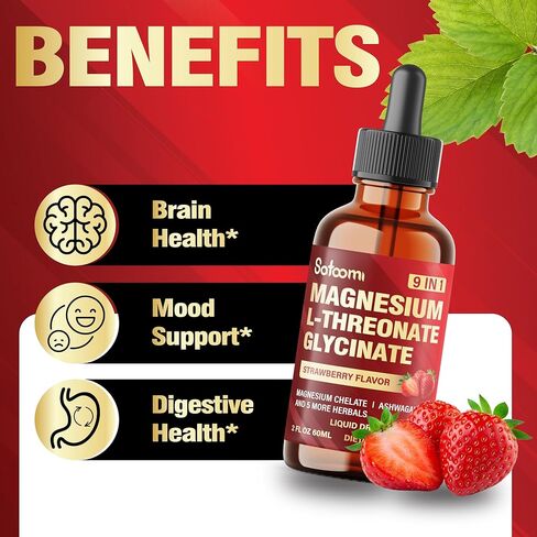 9 في 1 قطرات سائلة من المغنيسيوم ل-ثريونات مع جليسينات المغنيسيوم، تشيلات، إل-ثيانين، فيتامين د3 و3 أخرى - 60 مل دعم للمزاج والعقل والمناعة لمدة شهرين - نكهة الفراولة in Kuwait
