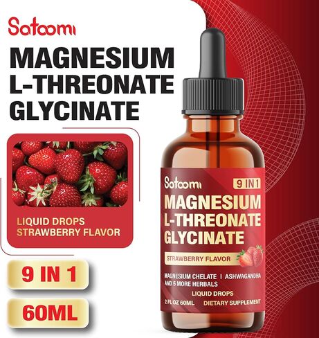 9 في 1 قطرات سائلة من المغنيسيوم ل-ثريونات مع جليسينات المغنيسيوم، تشيلات، إل-ثيانين، فيتامين د3 و3 أخرى - 60 مل دعم للمزاج والعقل والمناعة لمدة شهرين - نكهة الفراولة in Kuwait