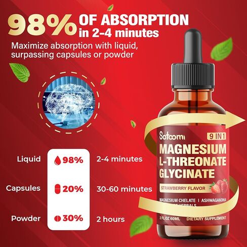 9 في 1 قطرات سائلة من المغنيسيوم ل-ثريونات مع جليسينات المغنيسيوم، تشيلات، إل-ثيانين، فيتامين د3 و3 أخرى - 60 مل دعم للمزاج والعقل والمناعة لمدة شهرين - نكهة الفراولة in Kuwait