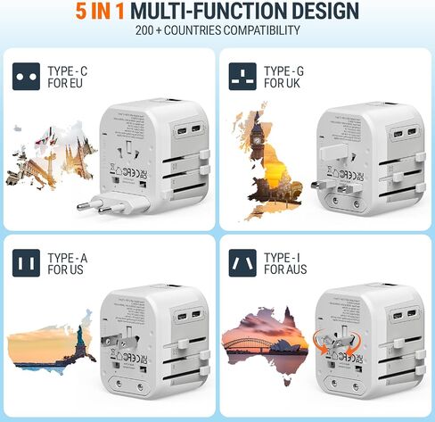 Universal Adapter 35W PD, 10A Portable Charger, International Power Adapter with 3 USB C and 2 USB A Ports, Travel Size Worldwide Wall Charger for USA EU UK AUS, 2500W Max, Use Over 160 Countries in Saudi Arabia