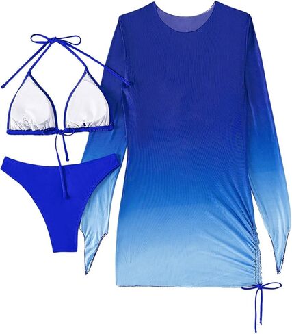 MakeMeChic Women's 3 Piece Halter String Triangle Thong Bikini Set with Ombre Drawstring Cover Up in Saudi Arabia
