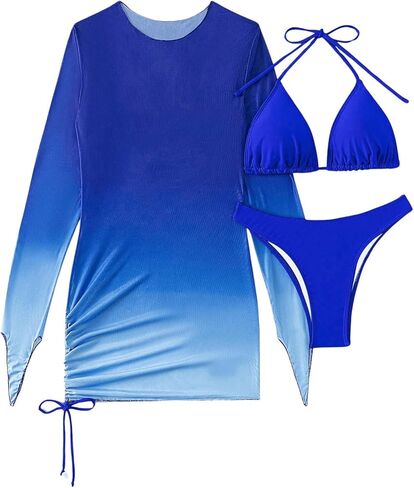 MakeMeChic Women's 3 Piece Halter String Triangle Thong Bikini Set with Ombre Drawstring Cover Up in Saudi Arabia