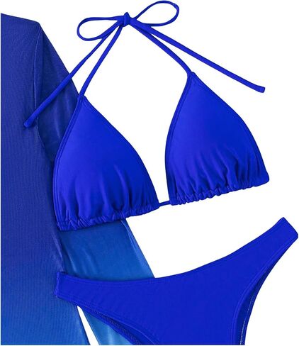 MakeMeChic Women's 3 Piece Halter String Triangle Thong Bikini Set with Ombre Drawstring Cover Up in Saudi Arabia