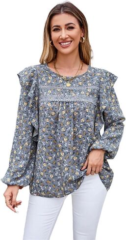 Women's Long Sleeve Blouses Casual Loose Shirts Ruffle Trim Crew Neck Tops Dressy Tunic Tops in Saudi Arabia