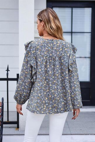 Women's Long Sleeve Blouses Casual Loose Shirts Ruffle Trim Crew Neck Tops Dressy Tunic Tops in Saudi Arabia
