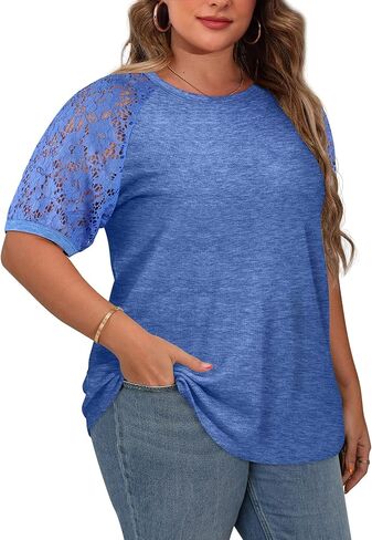 HDLTE Plus Size Tops for Women Summer Round Neck Casual Shirts Lace Short Sleeve Tees Blouse in Kuwait