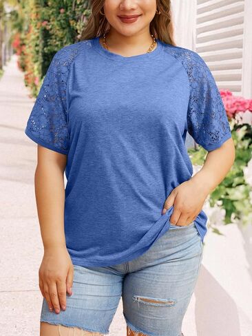 HDLTE Plus Size Tops for Women Summer Round Neck Casual Shirts Lace Short Sleeve Tees Blouse in Kuwait