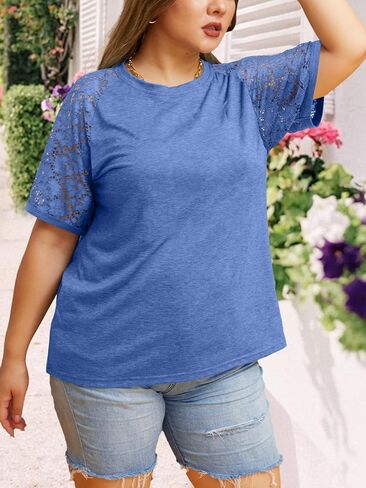 HDLTE Plus Size Tops for Women Summer Round Neck Casual Shirts Lace Short Sleeve Tees Blouse in Kuwait