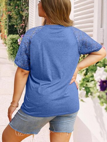 HDLTE Plus Size Tops for Women Summer Round Neck Casual Shirts Lace Short Sleeve Tees Blouse in Kuwait