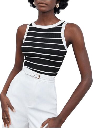 Women's Striped Button Ribbed Knit Tank Top Crewneck Sleeveless Slim Fit T Shirts Summer Tops in Saudi Arabia