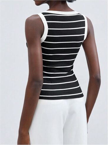 Women's Striped Button Ribbed Knit Tank Top Crewneck Sleeveless Slim Fit T Shirts Summer Tops in Saudi Arabia