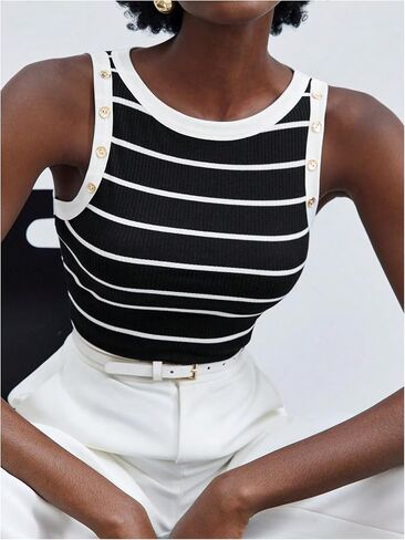 Women's Striped Button Ribbed Knit Tank Top Crewneck Sleeveless Slim Fit T Shirts Summer Tops in Saudi Arabia