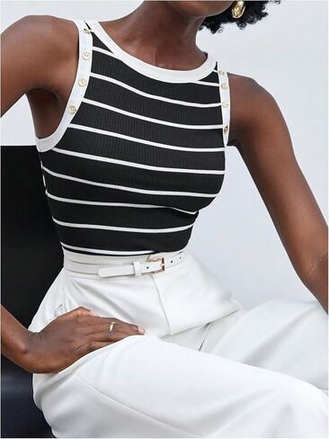 Women's Striped Button Ribbed Knit Tank Top Crewneck Sleeveless Slim Fit T Shirts Summer Tops in Saudi Arabia