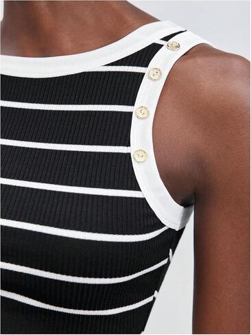 Women's Striped Button Ribbed Knit Tank Top Crewneck Sleeveless Slim Fit T Shirts Summer Tops in Saudi Arabia