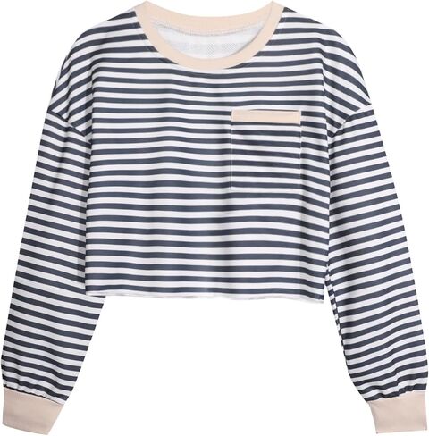 المرأة LovelyWholesale مخطط اقتصاص البلوز البلوز Crewneck كم طويل أعلى محصول in Kuwait