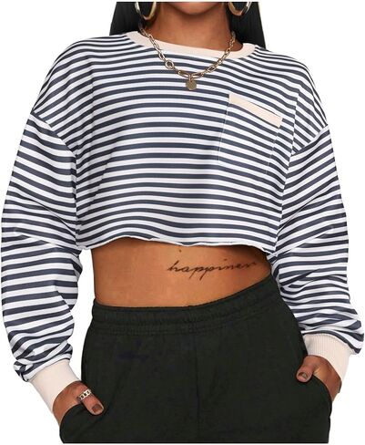 المرأة LovelyWholesale مخطط اقتصاص البلوز البلوز Crewneck كم طويل أعلى محصول in Kuwait