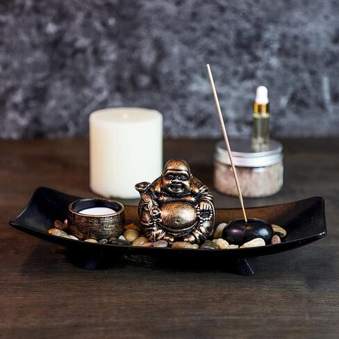 Juvale Sitting Laughing Buddha Statue Figurine Tealight for Home Garden Decor Feng Shui Gift - Black/Gold, 10 x 3.5 x 1.75 inch in Saudi Arabia