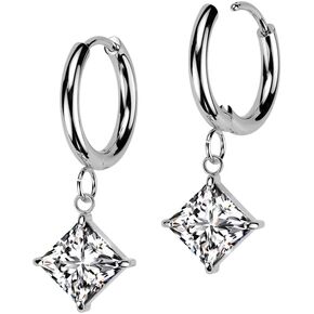20GA 316L Stainless Steel Diamond Shaped CZ Crystal Dangling Huggie Hoop Earrings, Sold as a Pair