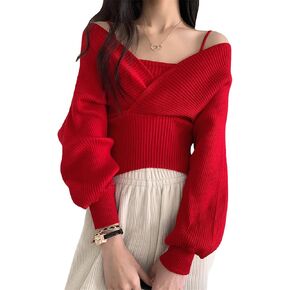 Sexyshine Women's Off Shoulder V Neck Criss Backless Long Batwing Sleeve Sweaters Fake 2 Piece Strap Crop Tank Top Pullovers