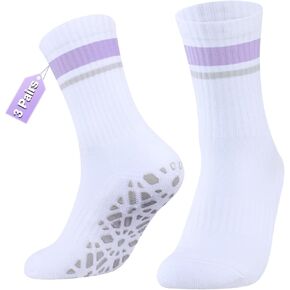 YUEDGE 3 Pairs Pilates Socks for Women, Grip Socks for Yoga Ballet Gym Workout Athletic, Non Slip Cushioned Crew Socks