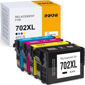InkNI 702XL 702 Ink Cartridges Combo Pack Remanufactured for Epson 702 XL 702XL Ink Cartridges for Printer Workforce Pro WF-3720 WF-3730 WF-3733 Printer Ink cartridges (Black Color 4 Pack)