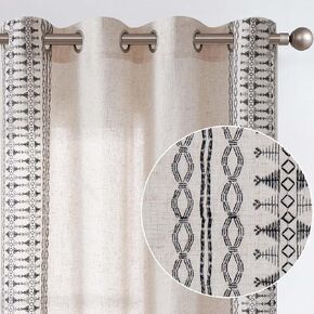 Vangao Boho Curtains Black Linen Blend Embroidered Bordered Curtains for Bedroom Living Room Curtains Drapes 63 Inch Length Light Filtering Grommet Window Treatment 2 Panels Black on Beige