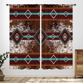 Western Curtain,Southwestern Farmhouse Cow Print Curtains for Bedroom Living Room Kitchen,Aztec Retro Geometric Stripes Drapes Treatments 2 Panels,42X63 Inch