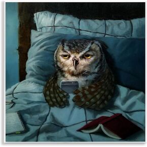 Stupell Industries Night Owl on Phone in Bed Funny Animal, Designed by Lucia Heffernan Wall Plaque, 12x12, Brown
