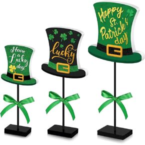 Yulejo 3 Pieces St. Patrick's Day Table Sign Lucky Decor Shamrocks St Patricks Day Decoration Irish Wood Signs St Patricks Day Tiered Tray Decor for Table Decor Desk Ornaments (Top Hat)
